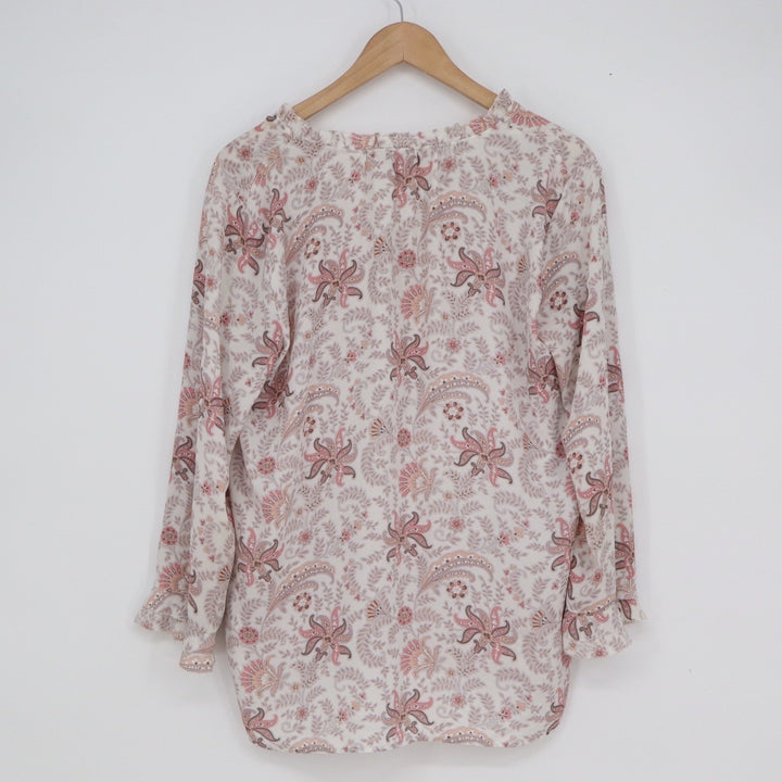 LOFT Womens Pink Paisley Floral V-Neck Ruffle Cuff Blouse Top Medium