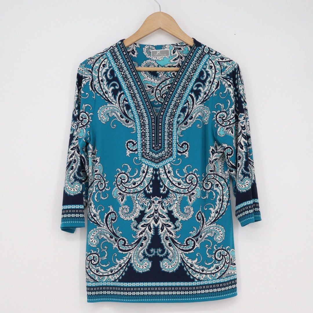 JM Collection Petite Teal Navy Paisley 3/4 Sleeve V-Neck Tunic Blouse