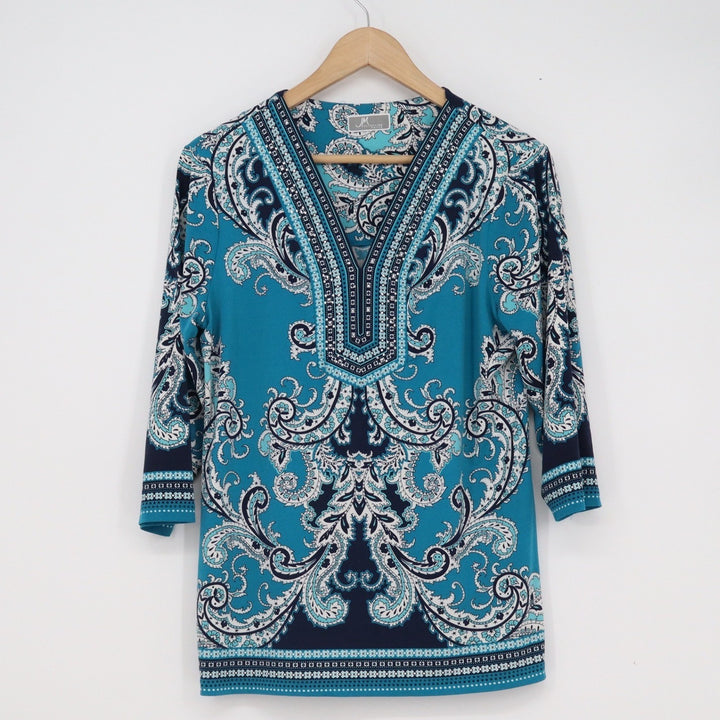 JM Collection Petite Teal Navy Paisley 3/4 Sleeve V-Neck Tunic Blouse