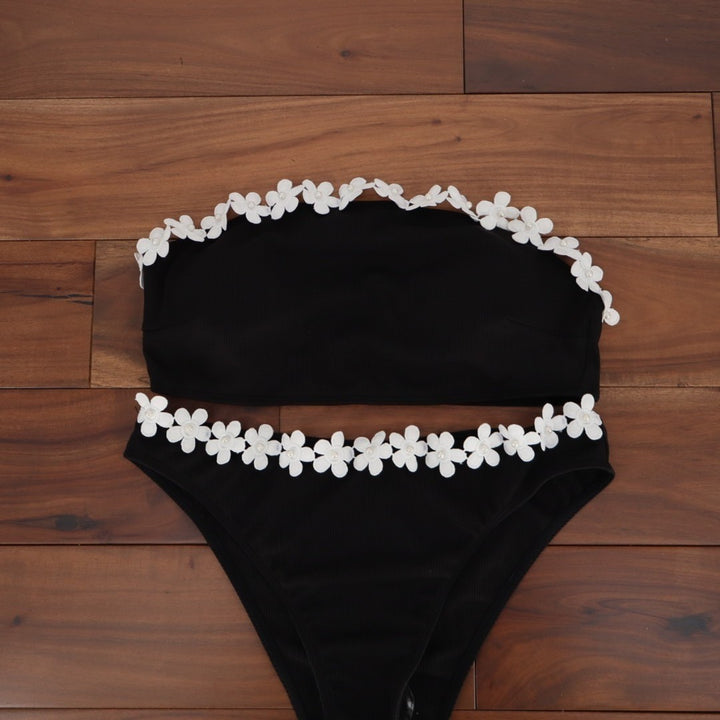 Cupshe Strapless Bandeau Bikini Set Womens L Black Stretch Floral Pearl Swimwear