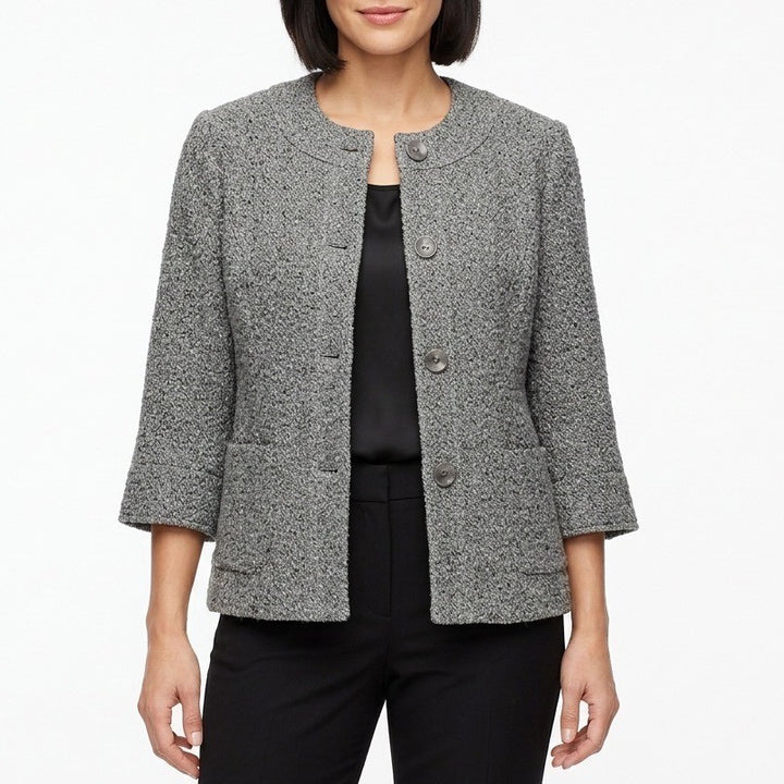 Coldwater Creek Blazer Jacket Women's 10 Gray Tweed Button Front 3/4 Sleeve