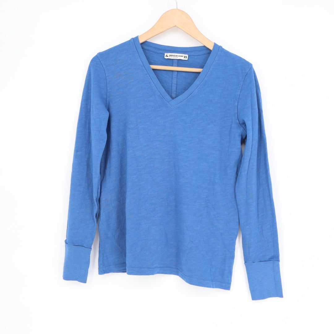 American Giant Premium Slub T-Shirt Womens XS Blue Cotton V-Neck Long Sleeve
