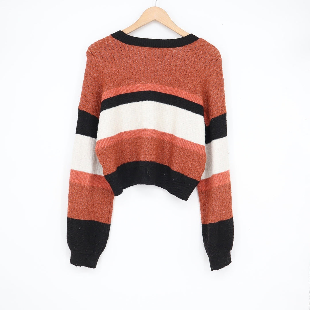 Derek Heart Womens Rust Orange Black White Striped Cropped Knit Sweater Large