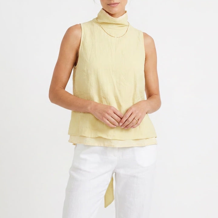 Zara Womens Sleeveless High Neck Tie Back Layered Top Pale Yellow Size S