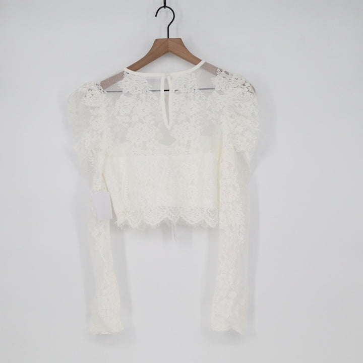 Lulus Heavenly Promise Crop Top Womens Medium White Sheer Lace Detail Round Neck
