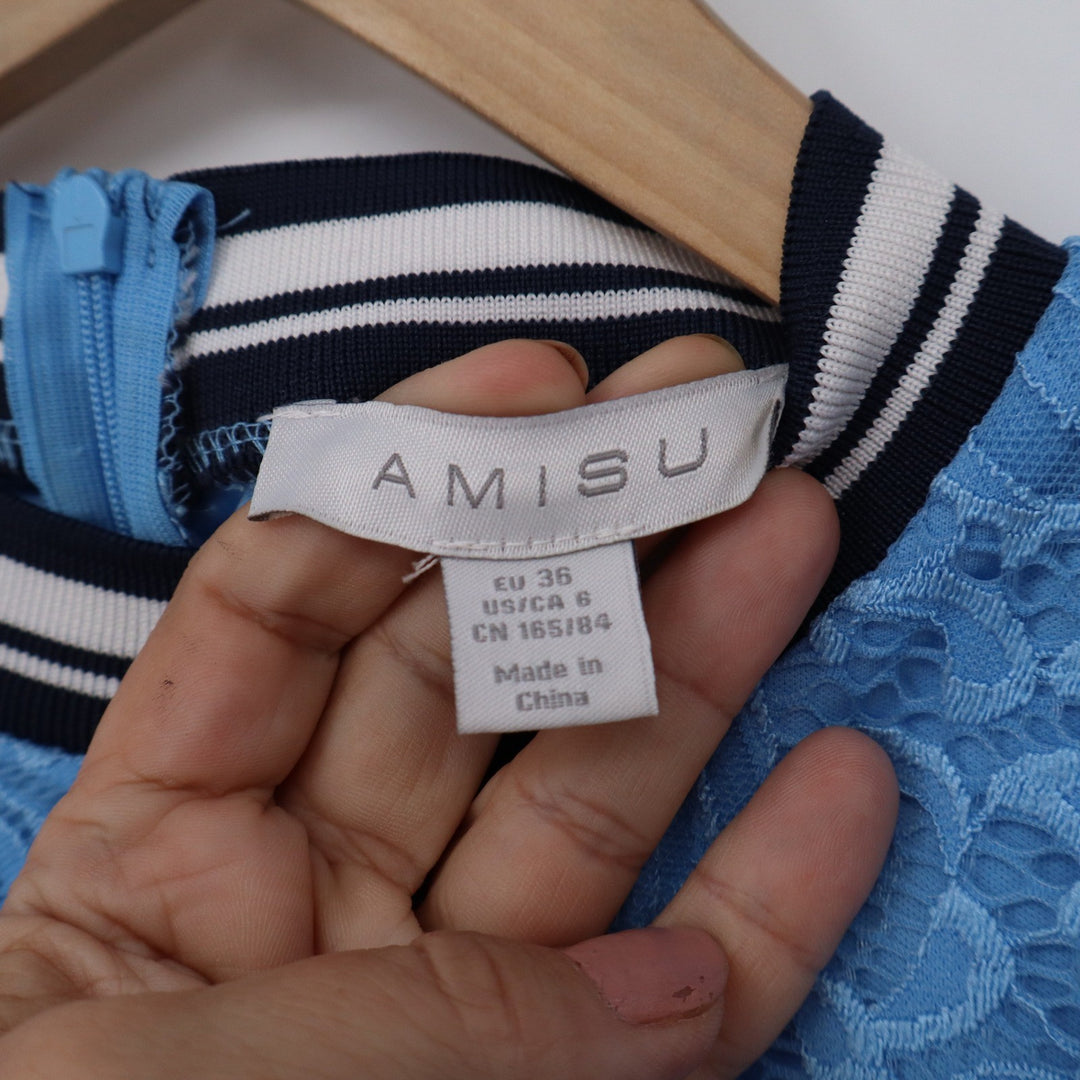 Amisu Blue Floral Lace Sheath Dress Striped Trim Short Sleeve Size 6