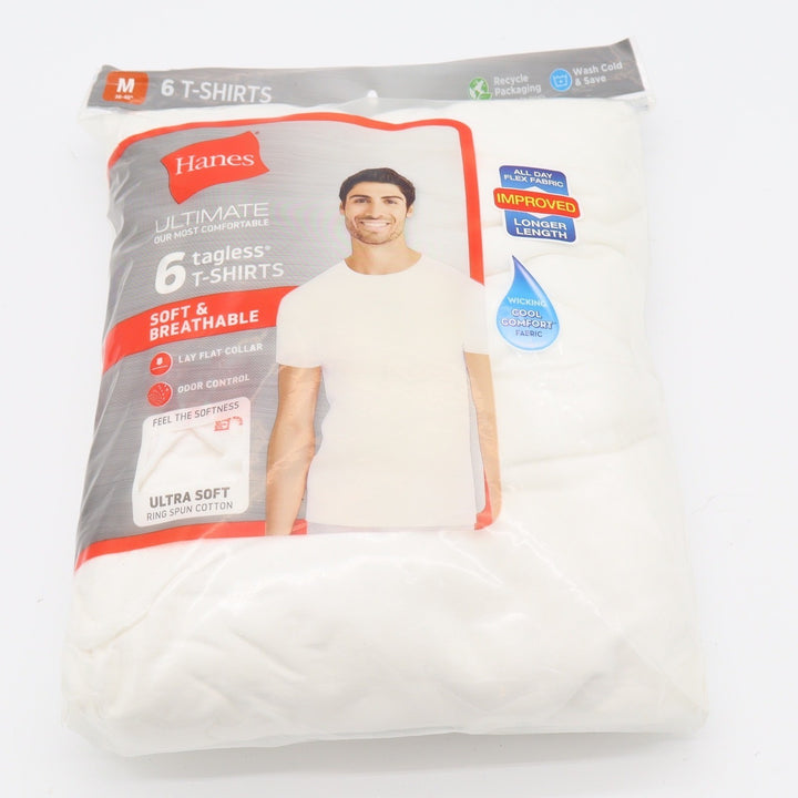Hanes T-Shirts Mens Medium Ultimate Tagless 6-Pack White Crew Neck NEW