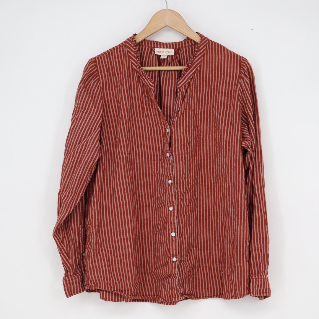 Knox Rose Rust Red Striped Ruffle Collar Button Down Blouse XL Long Sleeve