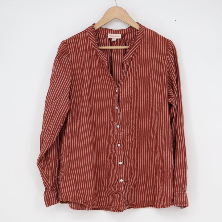 Knox Rose Rust Red Striped Ruffle Collar Button Down Blouse XL Long Sleeve