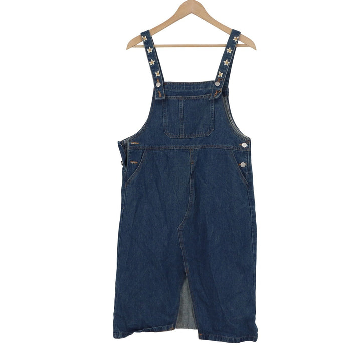X-Girl Denim Overall Pinafore Dress Blue Daisy Embroidered Straps Midi Size M