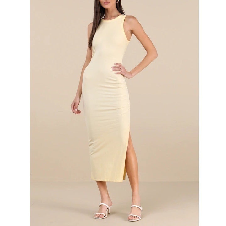 Lulus Lavina Midi Bodycon Dress Womens Small Light Yellow Jersey Knit Sleeveless