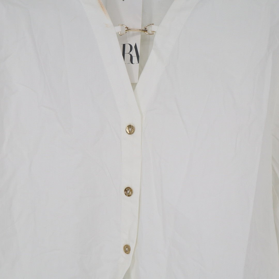Zara Shirt Womens Small White Cotton Satin Long Sleeve Spread Collar Button Up