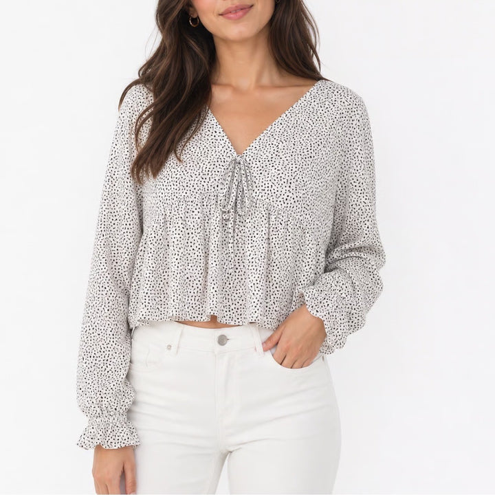 SHEIN White Polka Dot Tie Front Peplum Long Sleeve Blouse Top Large