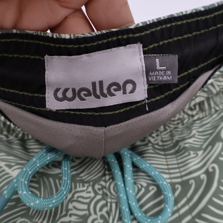 Wellen Swim Trunks Mens L Performance Green Wave Print 5" Inseam Excellent