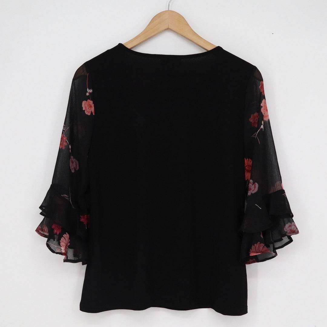 CeCe Womens Black Floral Tiered Ruffle 3/4 Sleeve Knit Blouse Top Small
