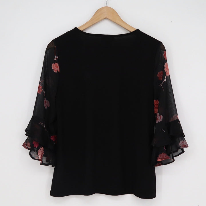 CeCe Womens Black Floral Tiered Ruffle 3/4 Sleeve Knit Blouse Top Small