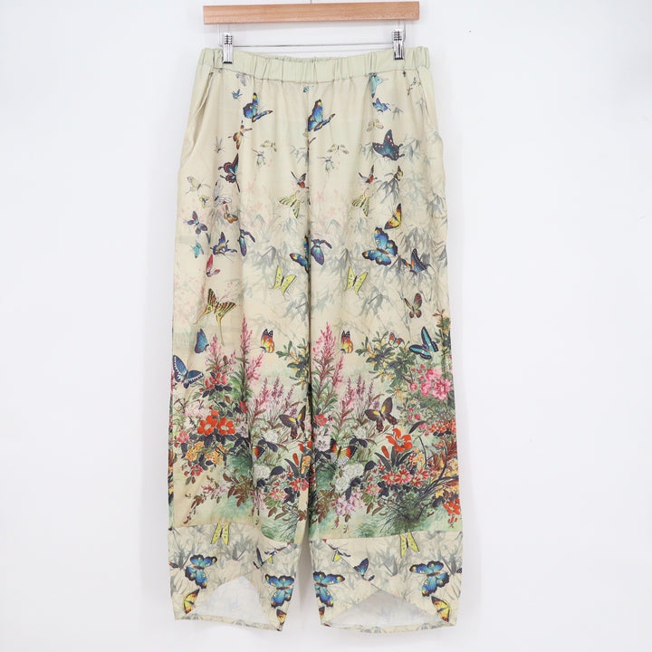 Unbranded Butterfly Floral Print Wide Leg Pants XL Beige Elastic Waist Boho
