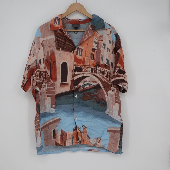 H&M Mens Scenic Canal Print Lyocell Short Sleeve Button Up Shirt Blue Orange M