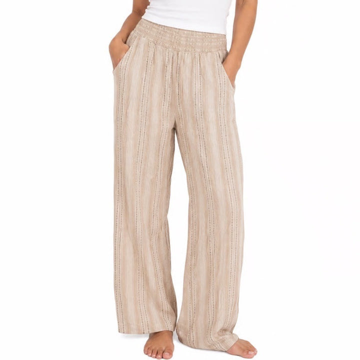 Briggs Womens Linen Blend Striped Wide Leg Pants Beige Smocked Waist Medium