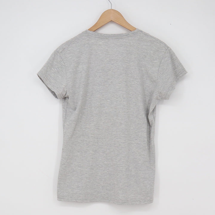 Soleil T-Shirt Womens L V-Neck Grey Jus Call Meh Trini Graphic Excellent