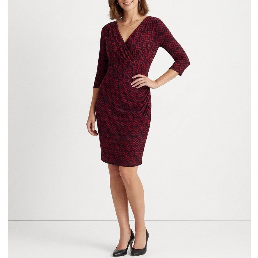Lauren Ralph Lauren Faux Wrap Dress Womens 16W Red Black Printed Stretch Pleated