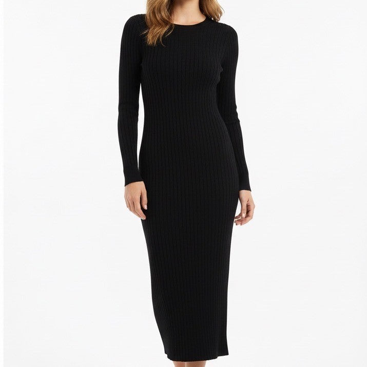 Black Ribbed Knit Maxi Dress Tie Back Long Sleeve Size XS
