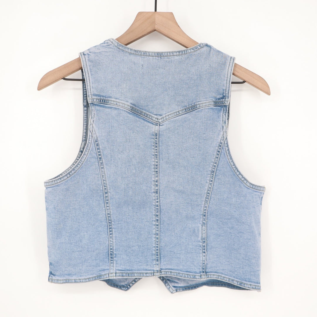Nanette Lepore Vest Womens Medium Blue Denim Cotton Stretch Pockets front Button