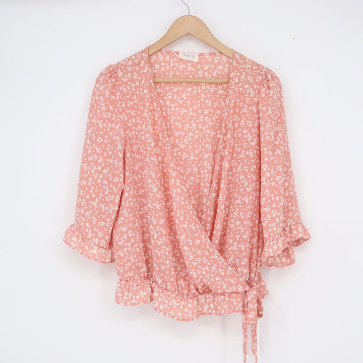 Sienna Sky Coral Pink Floral Wrap Peplum Blouse Ruffle 3/4 Sleeve Large