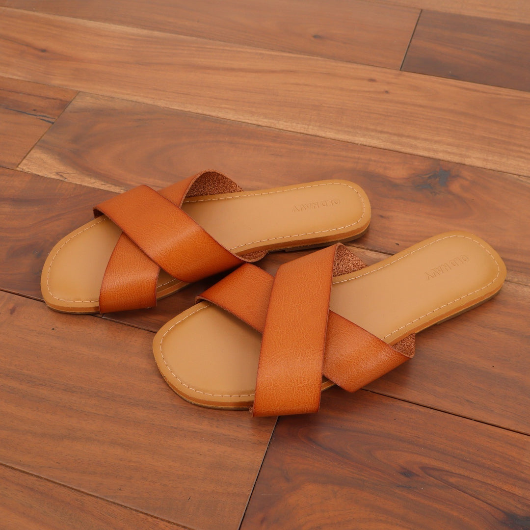 Old Navy Womens Cognac Brown Crisscross Faux Leather Slide Sandals 8.5 Flat