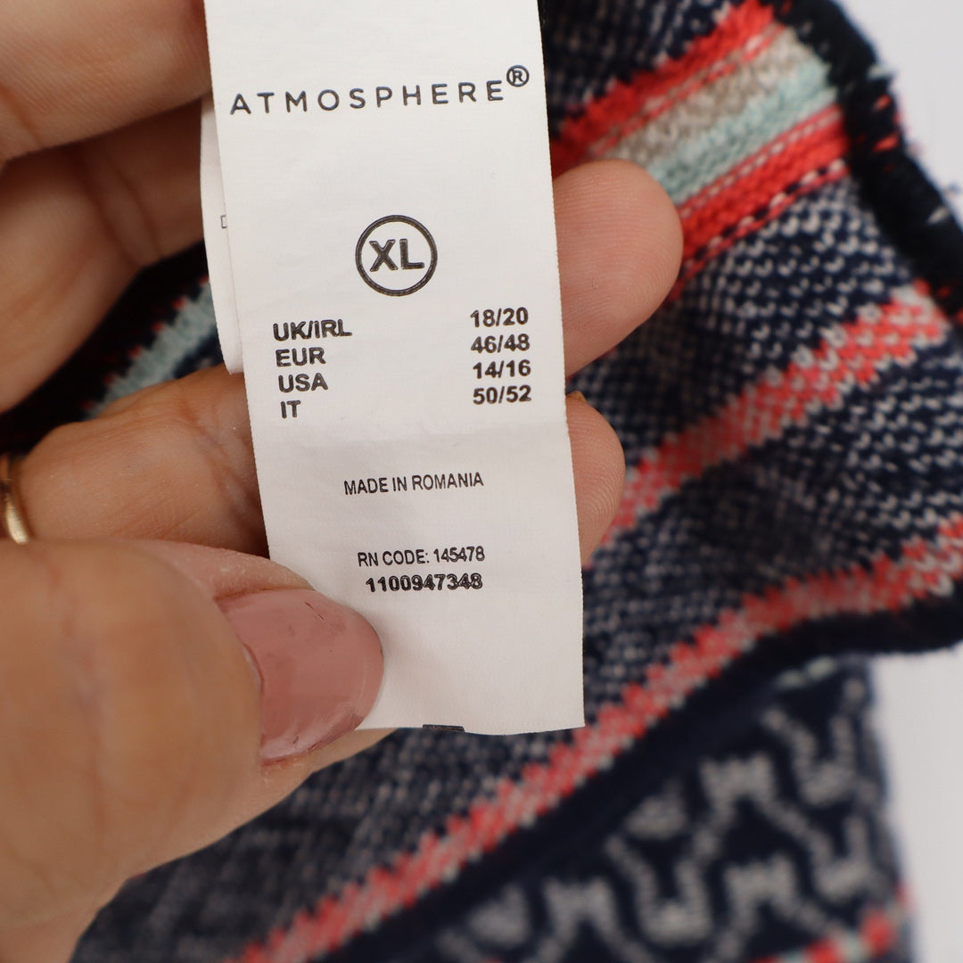 Atmosphere Womens XL Fair Isle Open Front Cardigan Navy Coral Geometric Knit