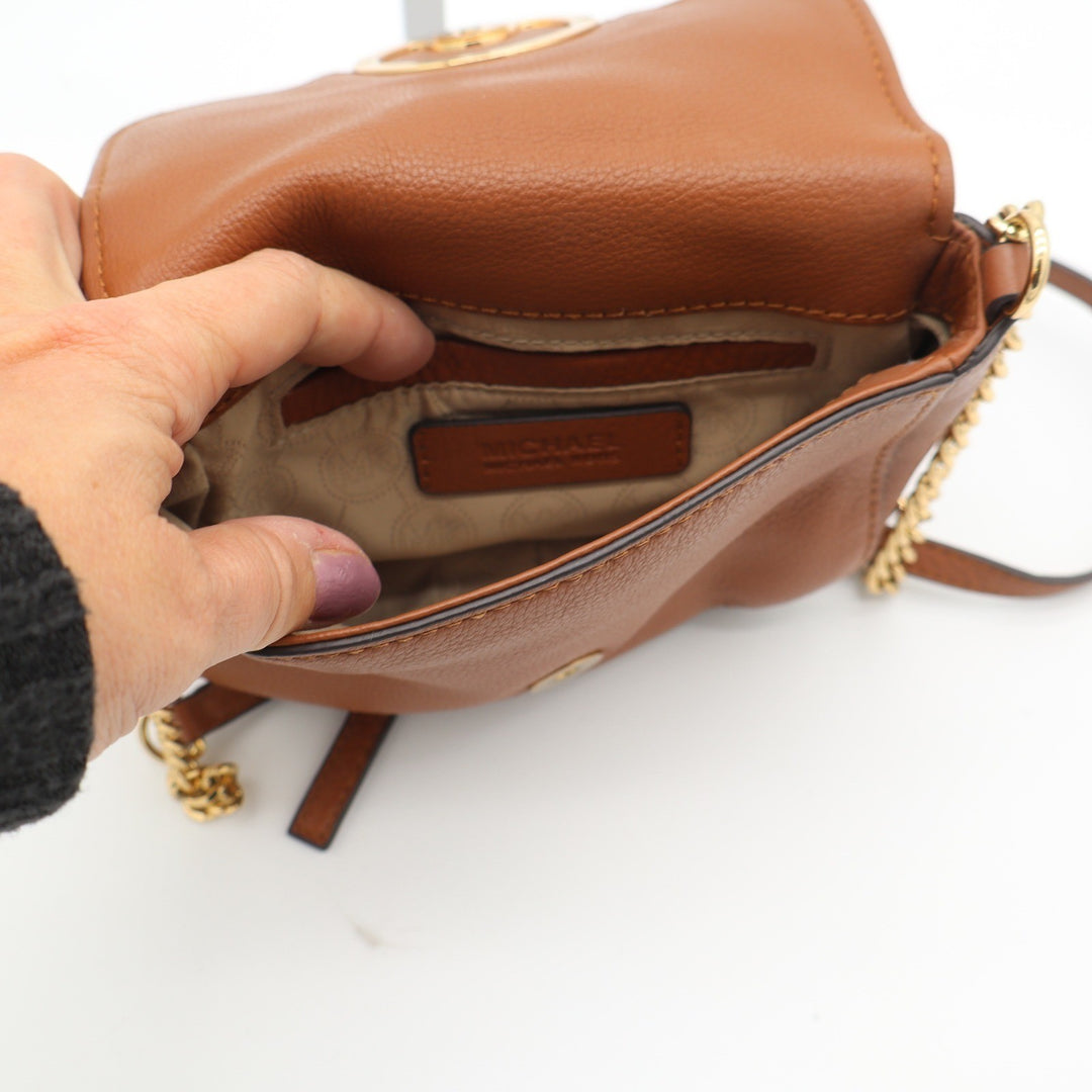 Michael Kors Fulton Small Luggage Brown Pebbled Leather Crossbody Bag Gold Logo