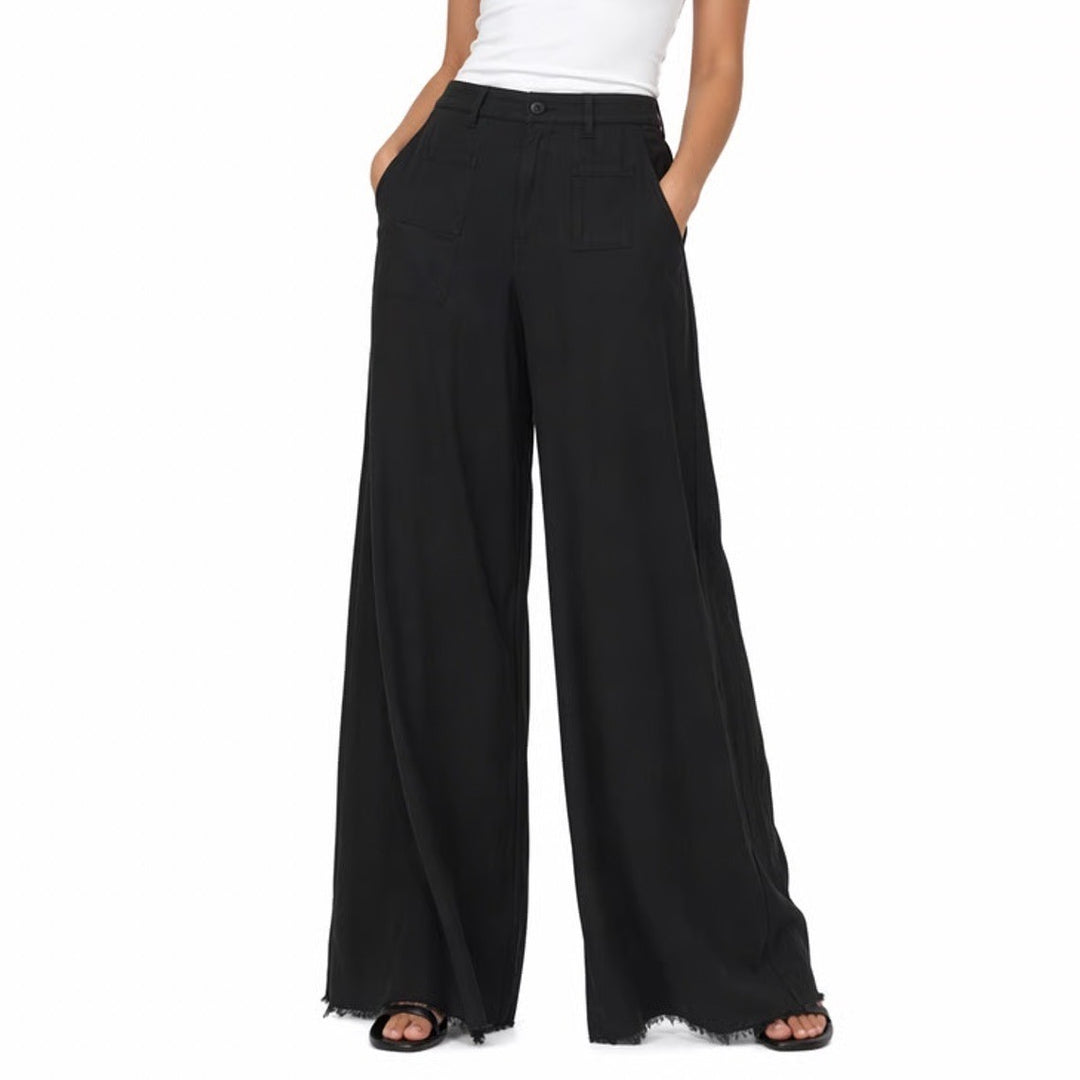 Kut From The Kloth Pants Womens 8 Black Raw Hem Patch Pockets High Rise Wide Leg