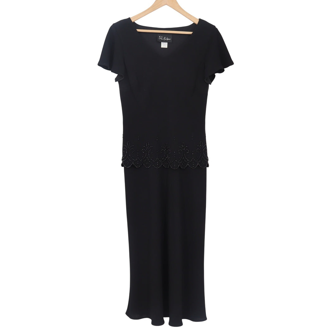 S.L. Fashions Dress Women's 10 Black Beaded Scalloped Trim Maxi Excellent