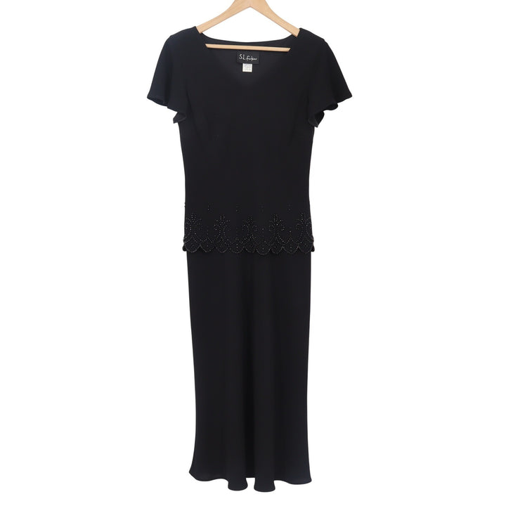 S.L. Fashions Dress Women's 10 Black Beaded Scalloped Trim Maxi Excellent
