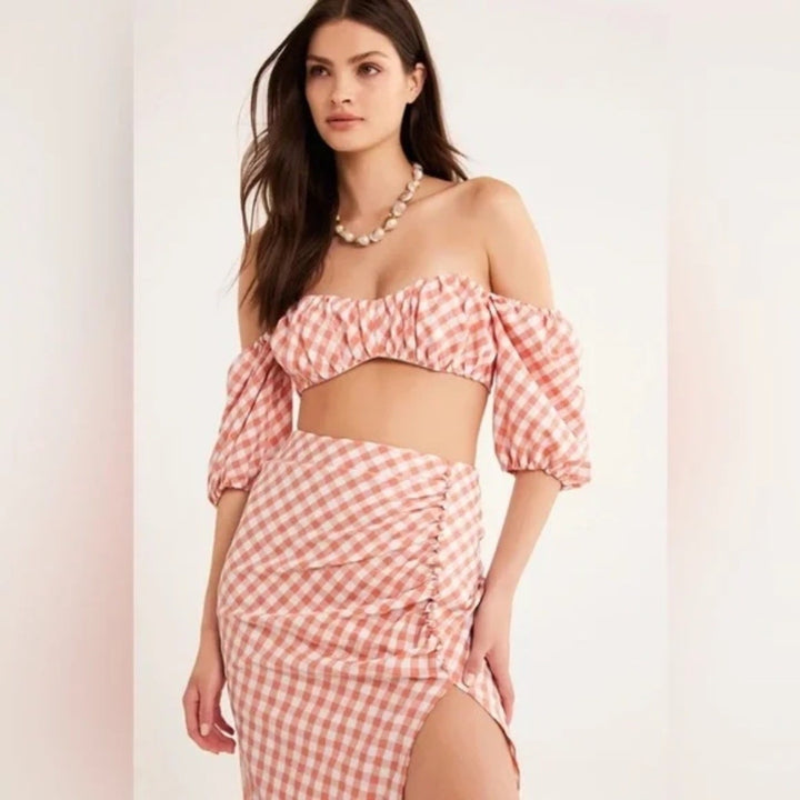 Rumer Bisou Ruched Gingham Maxi Skirt Size S