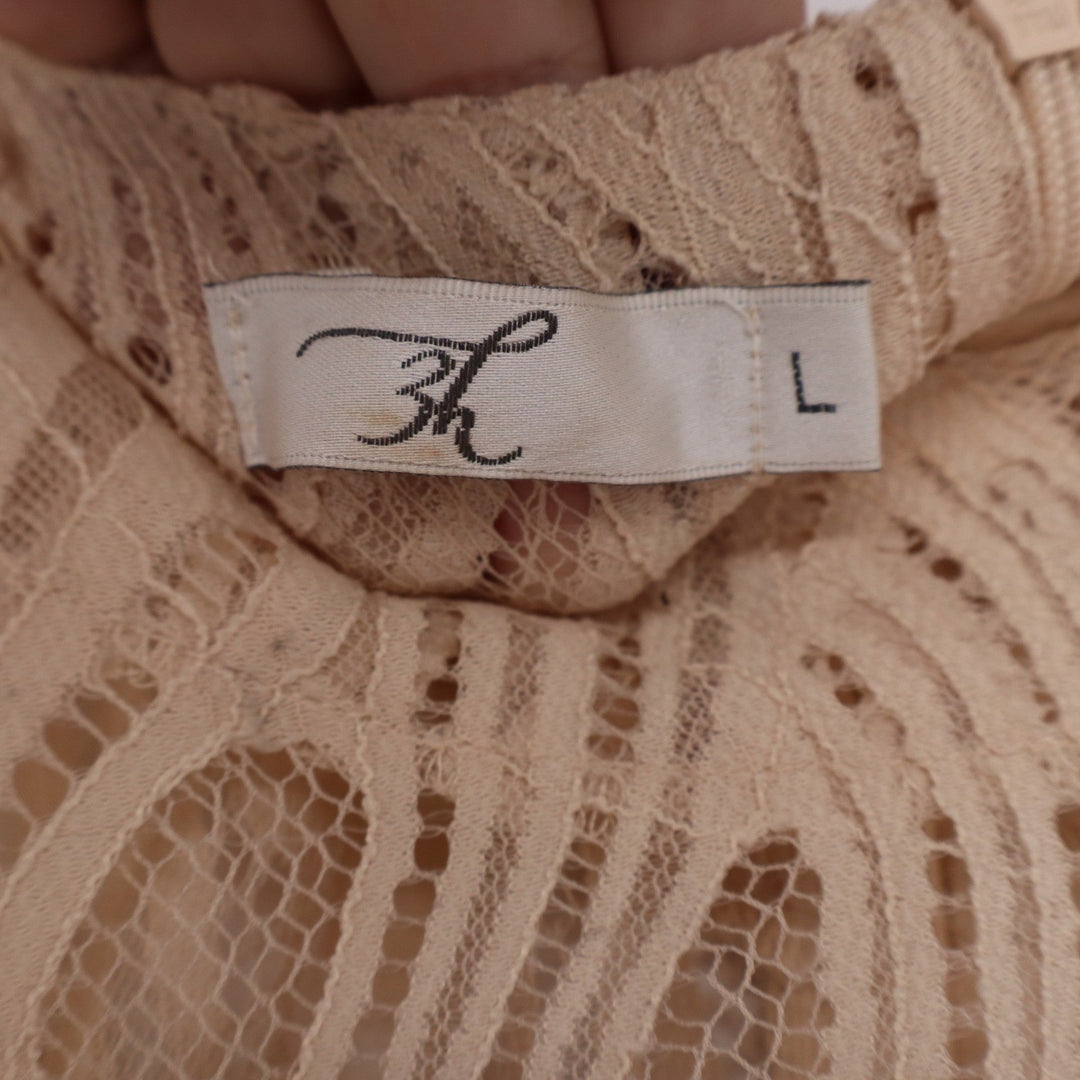 K Beige Lace Overlay Sheath Dress 3/4 Balloon Sleeve Round Neck Size L