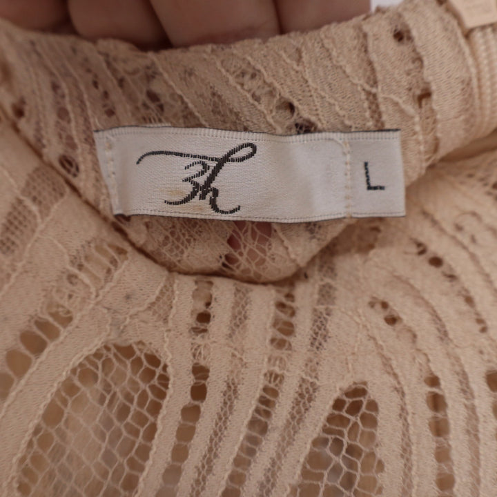 K Beige Lace Overlay Sheath Dress 3/4 Balloon Sleeve Round Neck Size L
