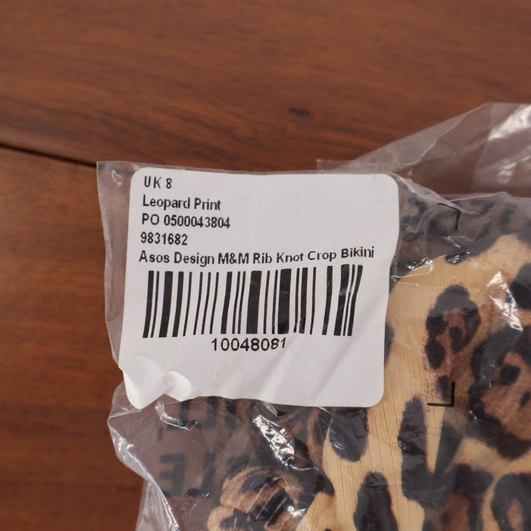 ASOS DESIGN Leopard Print Rib Knot Crop Bikini Top US 4