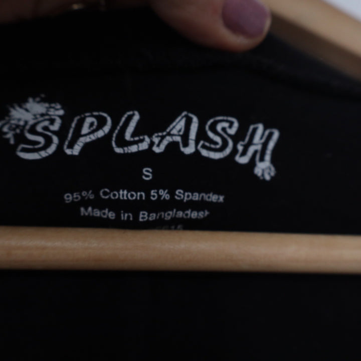 Splash Womens V-Neck Long Sleeve T-Shirt Black Cotton Spandex Size S