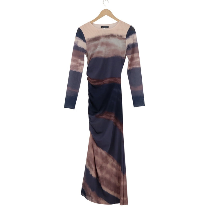 Luxury Women Navy Mauve Tie Dye Ruched Long Sleeve Mesh Maxi Dress Size S
