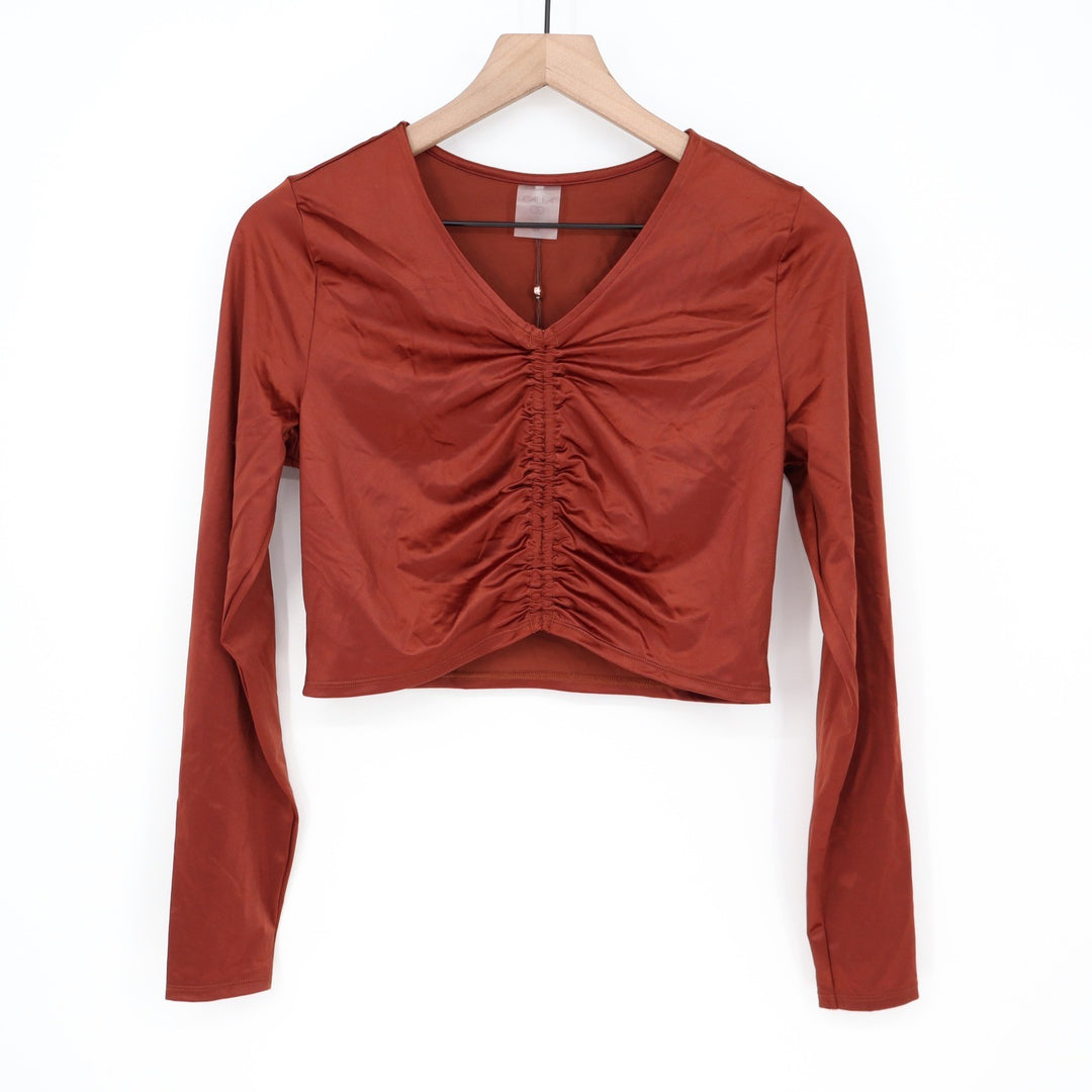 Calia Womens LS Ruched Rashguard Red Brown Shine UPF 50+ Crop Swim Top M NEW