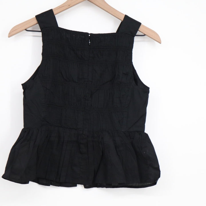 J.Crew Crop Top Womens 0 Black Cotton Smocked Back Zip Ruffle Hem Wide Strap
