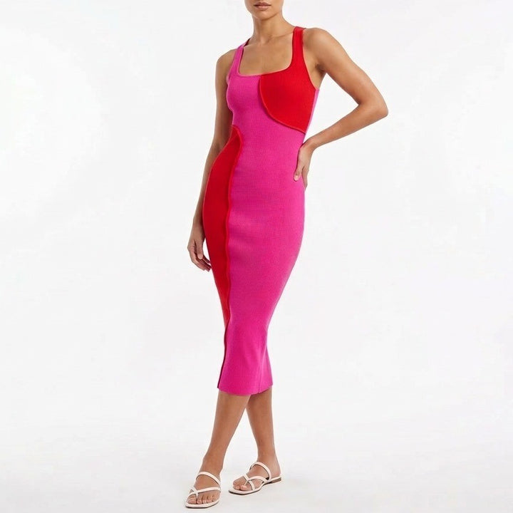 Naked Wardrobe Pink Red Colorblock Ribbed Racerback Midi Dress XS