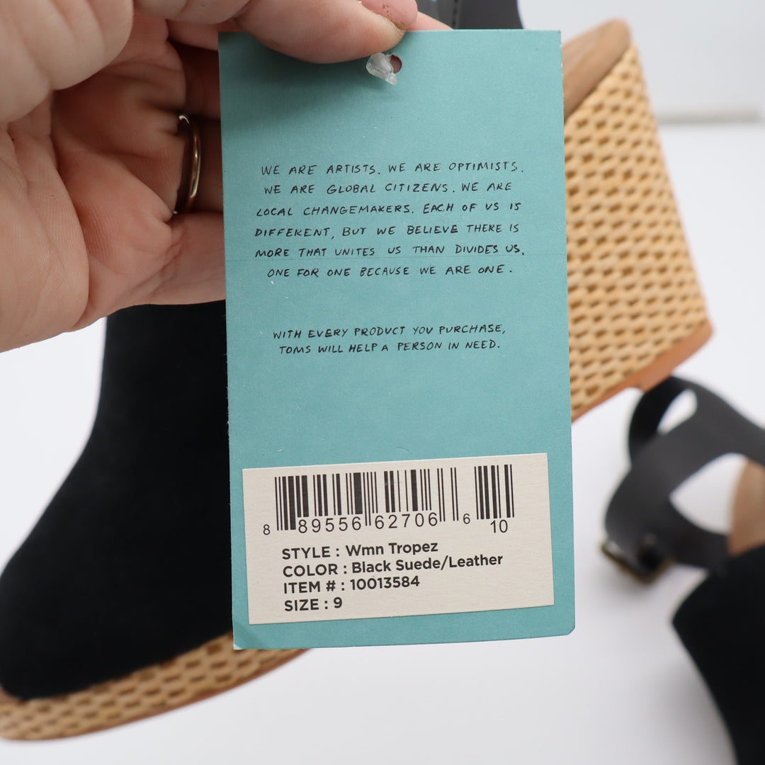 TOMS Tropez Black Suede Leather Wedge Sandals Peep Toe Ankle Strap Sz 9