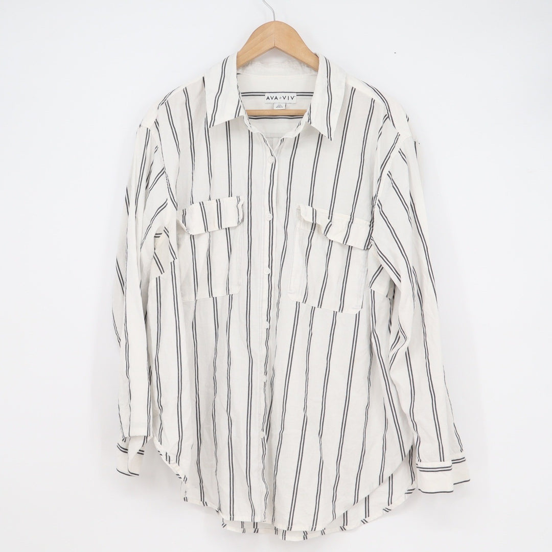 Ava & Viv Womens XXL White Black Striped Button Down Utility Shirt Long Sleeve