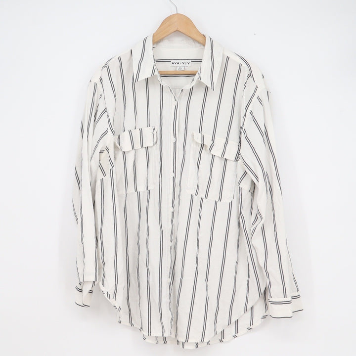 Ava & Viv Womens XXL White Black Striped Button Down Utility Shirt Long Sleeve