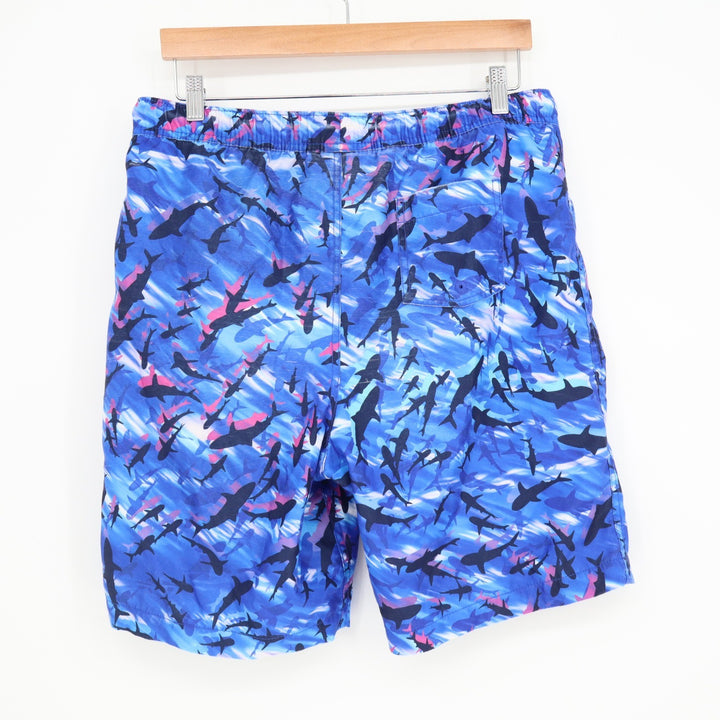 Lands' End Mens XXL Shark Print Swim Trunks Blue Pink Board Shorts