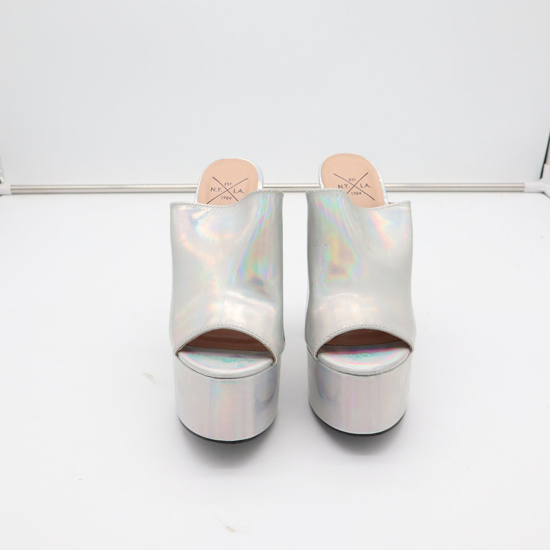 NYLA Silver Holographic Platform Mules Chunky Block Heel Open Toe Size 7