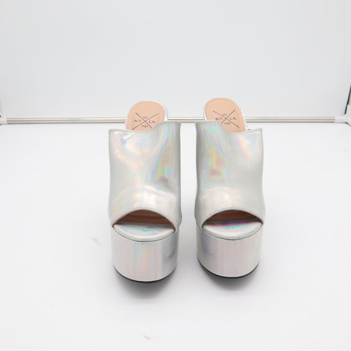 NYLA Silver Holographic Platform Mules Chunky Block Heel Open Toe Size 7