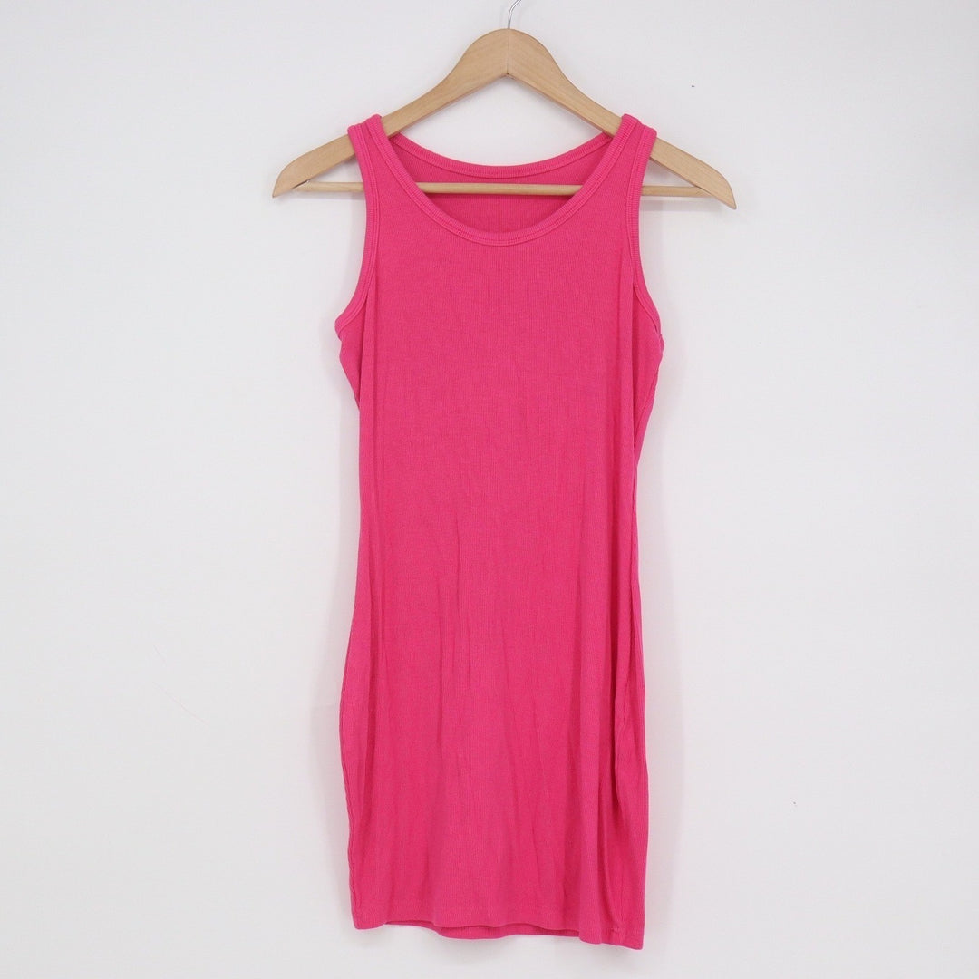 Pink Ribbed Bodycon Tank Dress Sleeveless Mini Scoop Neck Stretch Small